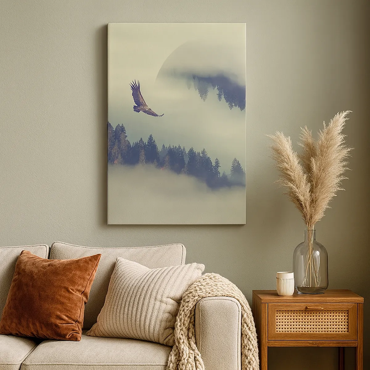 Bild auf Leinwand - Leinwandbild - Ein Adler im Flug vor der Kulisse nebliger Berge mit einem künstlerischen Kreismotiv - 50x70cm - Ich habe den Schatten eines Adlers gesehen - Moderne Wanddekoration für Wohnzimmer und Schlafzimmer ARTTOR