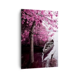 Bild auf Leinwand - Leinwandbild - Ein Boot am Ufer eines Sees zwischen rosa Bäumen - 70x100cm - In rosa Stille - Moderne Wanddekoration für Wohnzimmer und Schlafzimmer ARTTOR