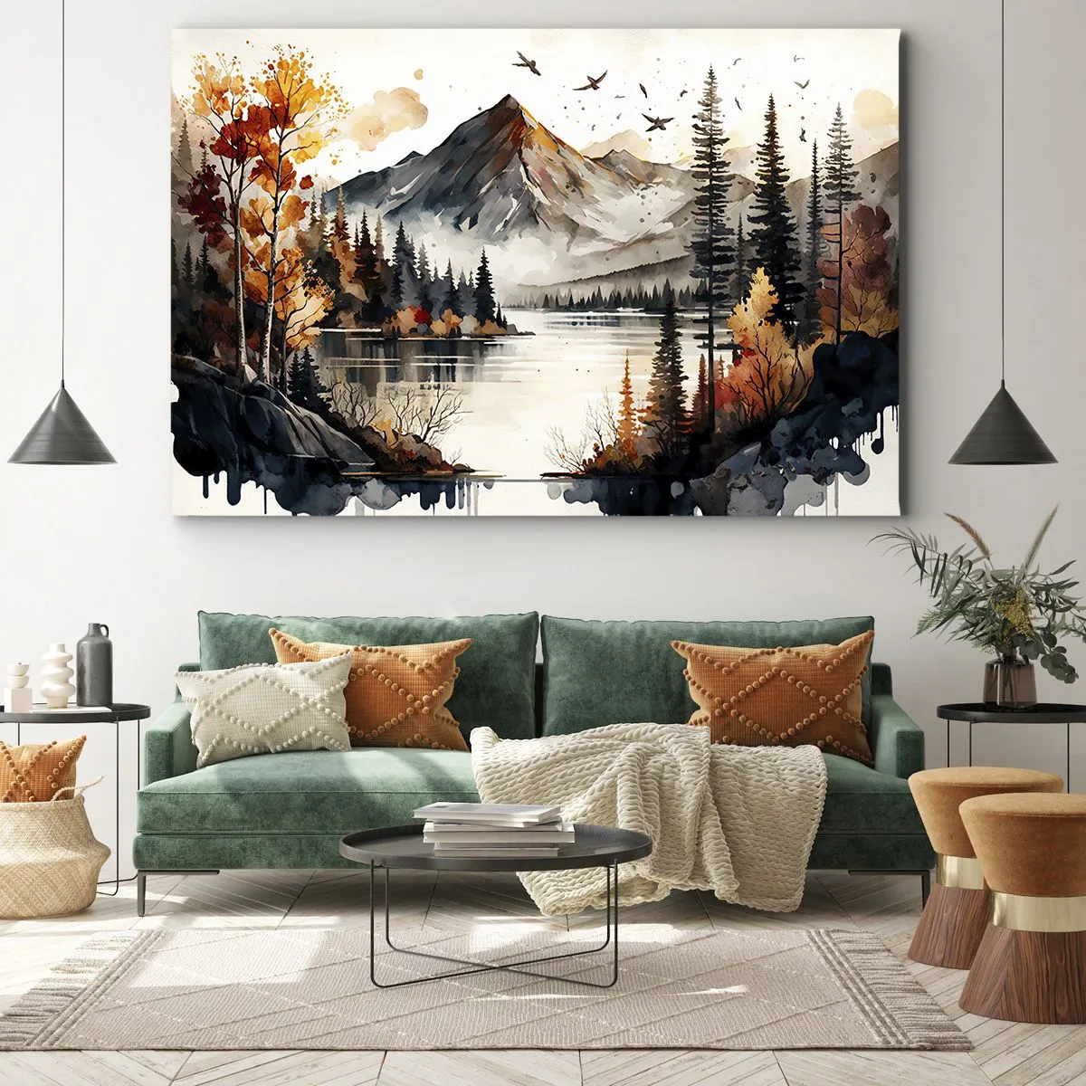 Bild auf Leinwand - Leinwandbild - Herbstliche Berglandschaft mit See und Bäumen in Aquarell - 100x70cm - Goldener Herbst in den Bergen - Moderne Wanddekoration für Wohnzimmer und Schlafzimmer ARTTOR