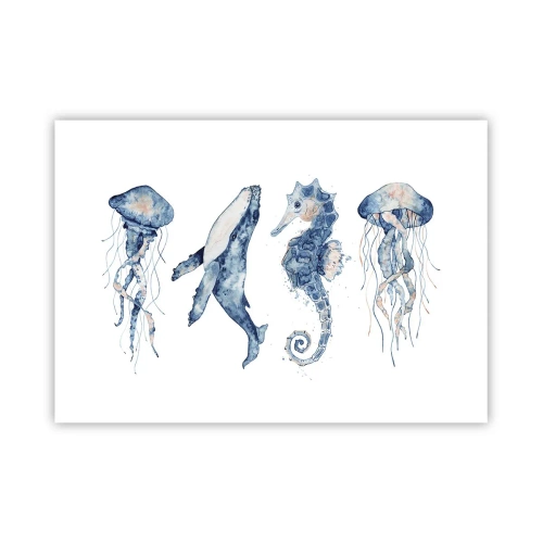 Poster - Quallen, Wale und Seepferdchen im Aquarellstil - 100x70cm - Meereswunder - Moderne Wanddekoration für Wohnzimmer und Schlafzimmer ARTTOR