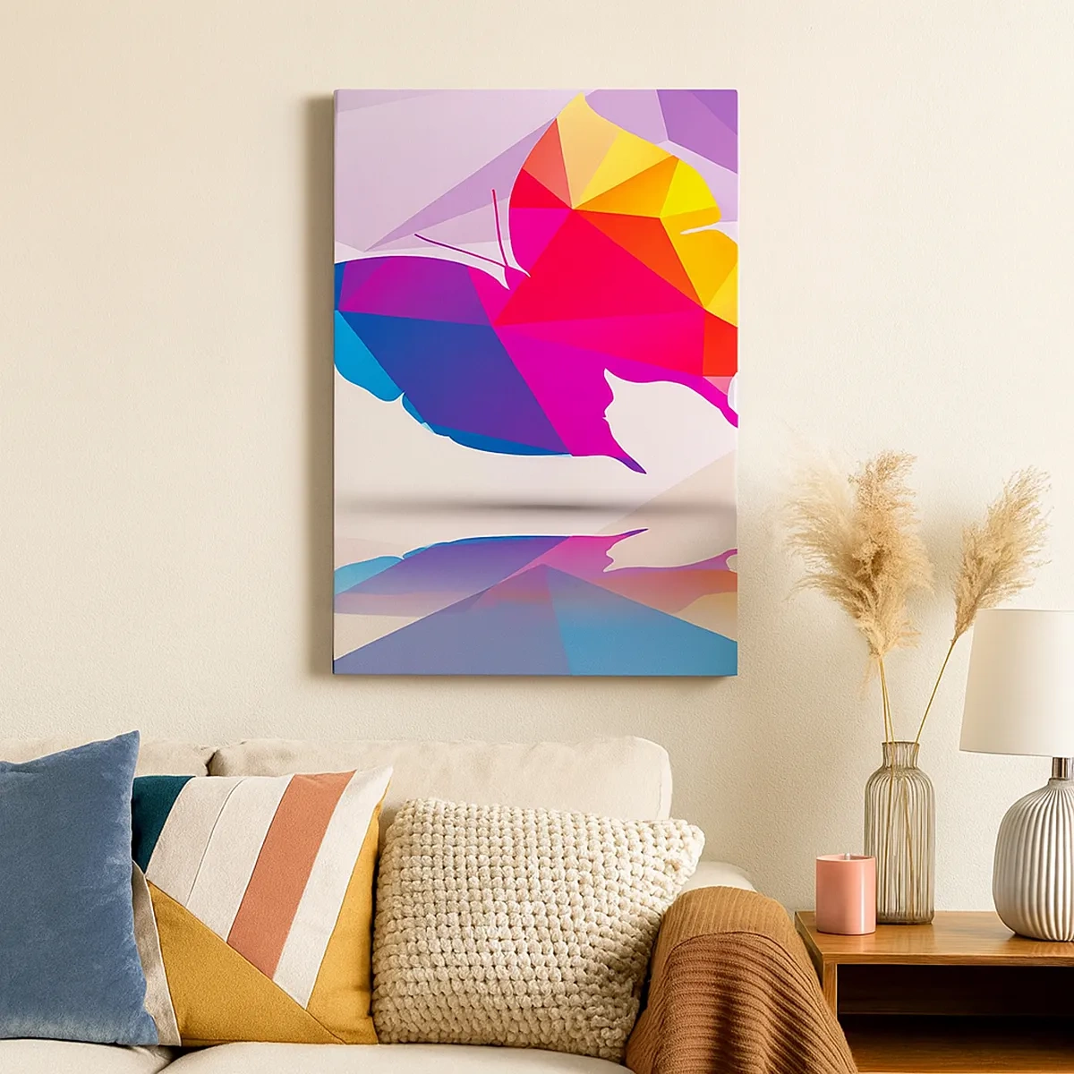 Bild auf Leinwand - Leinwandbild - Geometrische Schmetterlingssilhouette in leuchtenden Farben - 50x70cm - Regenbogenschmetterling - Moderne Wanddekoration für Wohnzimmer und Schlafzimmer ARTTOR