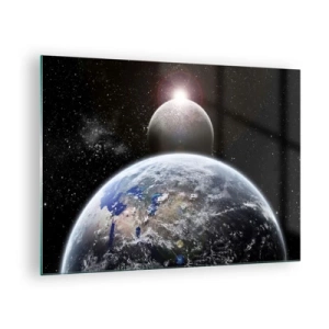 Glasbild - Bild auf glas - Erde und Mond im Weltraum - 70x50cm - Weltraumlandschaft - Sonnenaufgang - Moderne Wanddekoration für Wohnzimmer und Schlafzimmer ARTTOR