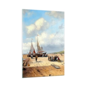 Glasbild - Bild auf glas - Fischerboote am Strand mit menschlichen Figuren - 80x120cm - Nach einem erfolgreichen Fischfang - Moderne Wanddekoration für Wohnzimmer und Schlafzimmer ARTTOR