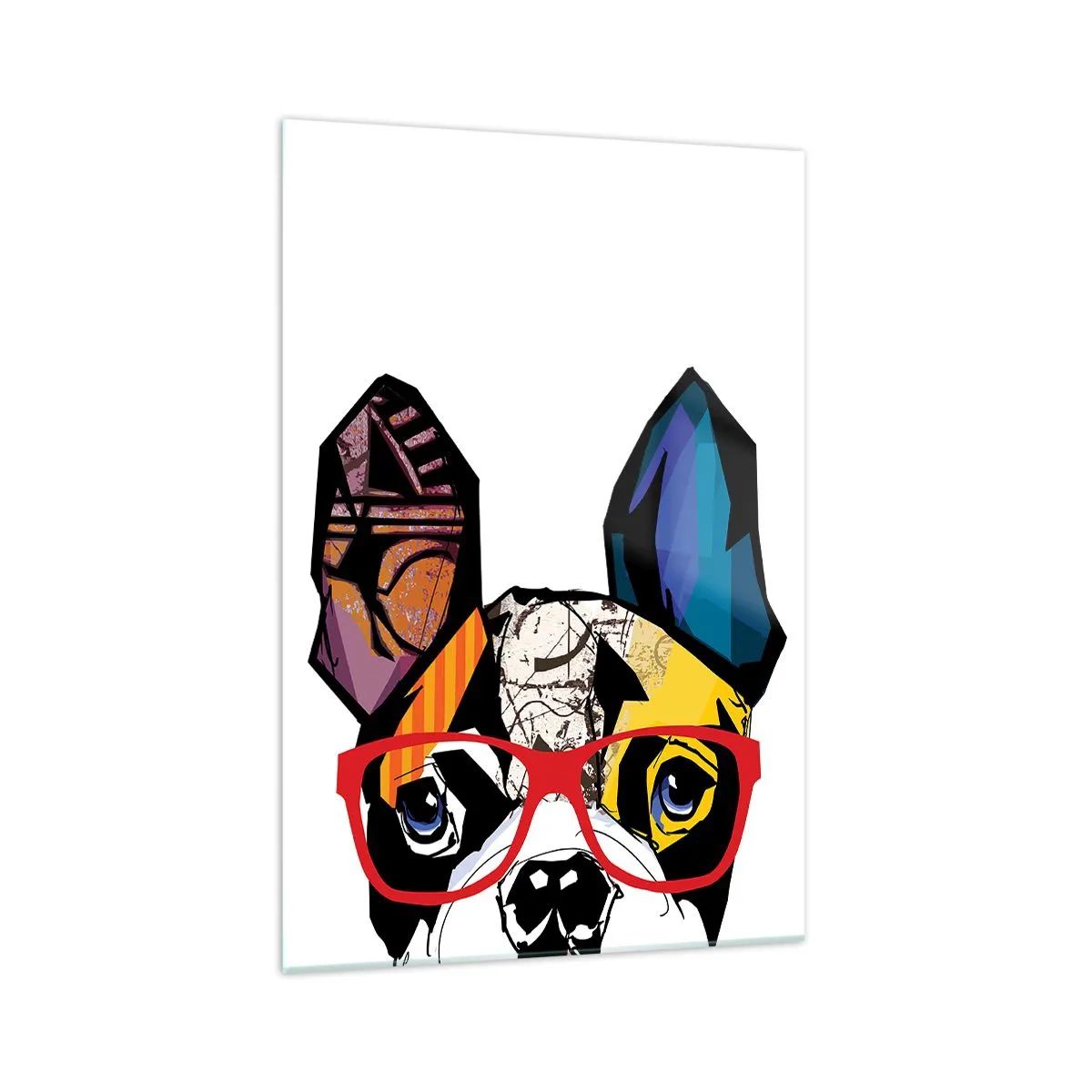 Glasbild - Bild auf glas - Bulldogge in einer bunten Illustration mit roter Brille - 70x100cm - Intellektuelle - Moderne Wanddekoration für Wohnzimmer und Schlafzimmer ARTTOR