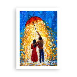 Poster - Ein romantisches Paar unter einem Regenschirm voller Licht - 50x70cm - Zauber eines Regenabends? - Moderne Wanddekoration für Wohnzimmer und Schlafzimmer ARTTOR