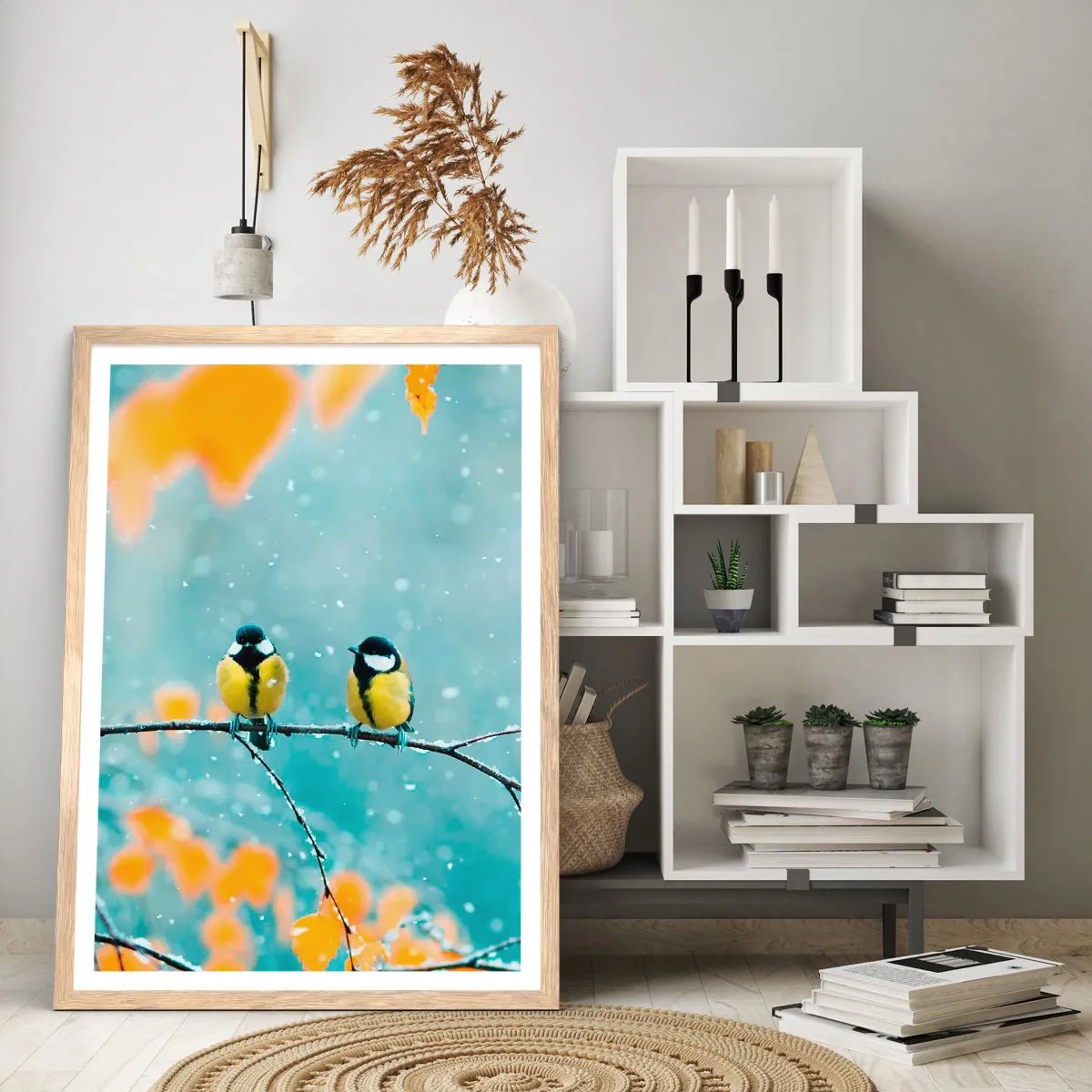 Poster in einem Rahmen aus heller Eiche - Vogelklatsch - 30x40 cm