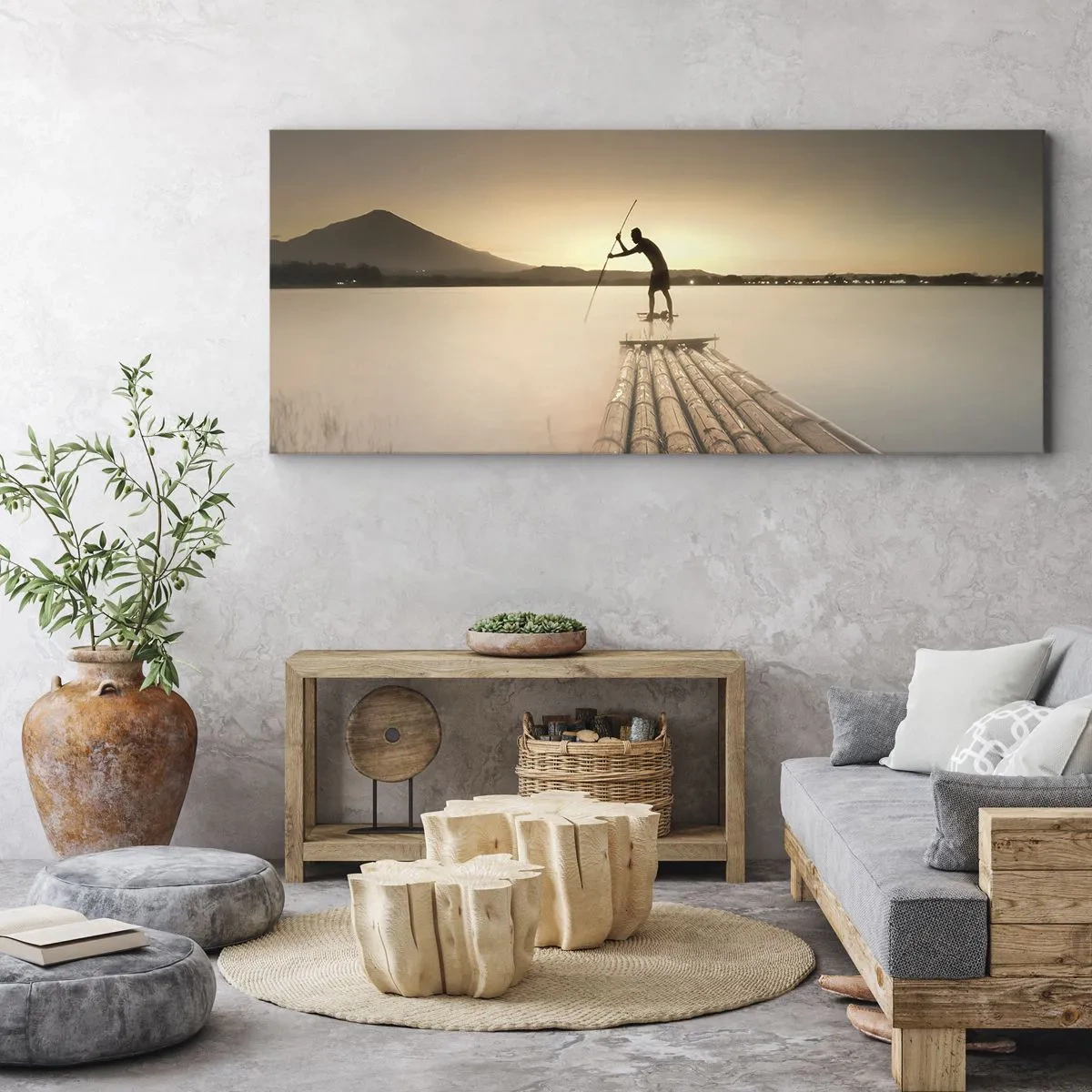 Bild auf Leinwand - Leinwandbild - Mann auf einem Floß bei Sonnenuntergang - 160x50cm - Vor dem schlafen gehen - Moderne Wanddekoration für Wohnzimmer und Schlafzimmer ARTTOR