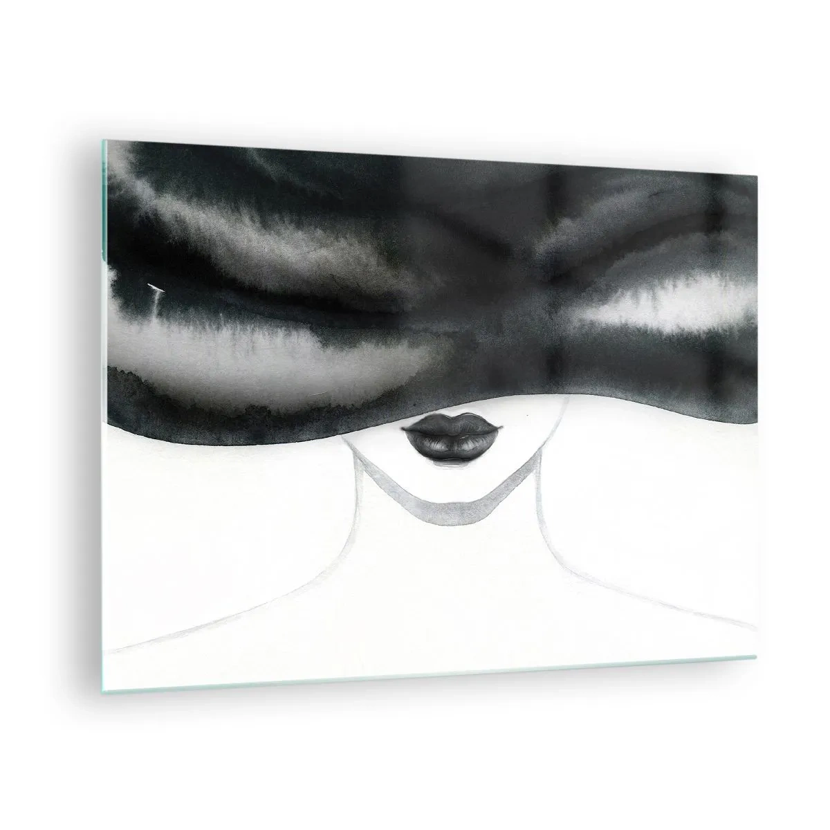 Glasbild - Bild auf glas - Geheimnisvolles Gesicht mit verdeckten Augen in Schwarz-Weiß-Aquarell - 70x50cm - Ein sinnliches Geheimnis - Moderne Wanddekoration für Wohnzimmer und Schlafzimmer ARTTOR
