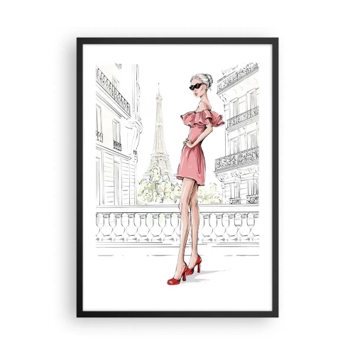 Poster in einem schwarzem Rahmen - Eine elegante Frau in einem rosa Kleid mit dem Eiffelturm im Hintergrund - 50x70cm - Modekunst - Moderne Wanddekoration für Wohnzimmer und Schlafzimmer ARTTOR
