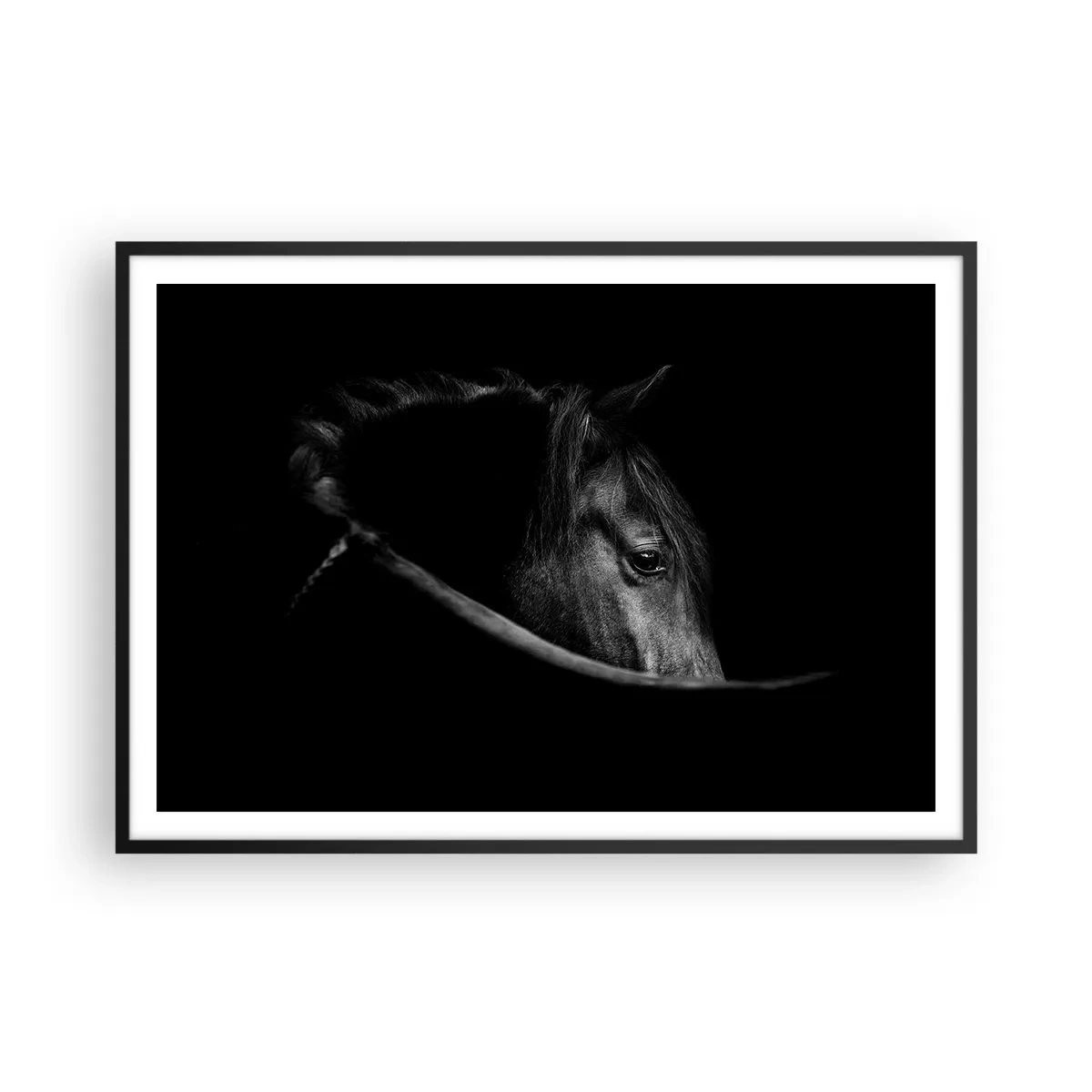 Poster in einem schwarzem Rahmen - Ein Schwarz-Weiß-Porträt eines Pferdes mit einem subtilen Spiel aus Licht und Schatten vor dunklem Hintergrund. - 100x70cm - Schwarzer Prinz - Moderne Wanddekoration für Wohnzimmer und Schlafzimmer ARTTOR