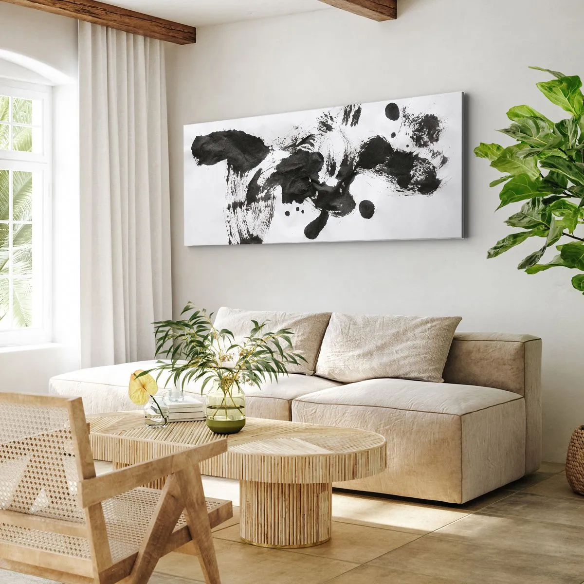 Bild auf Leinwand - Leinwandbild - Abstrakte Komposition aus schwarzen Flecken auf weißem Hintergrund - 140x50cm - Obwohl das Wahnsinn ist, steckt darin eine Methode? - Moderne Wanddekoration für Wohnzimmer und Schlafzimmer ARTTOR