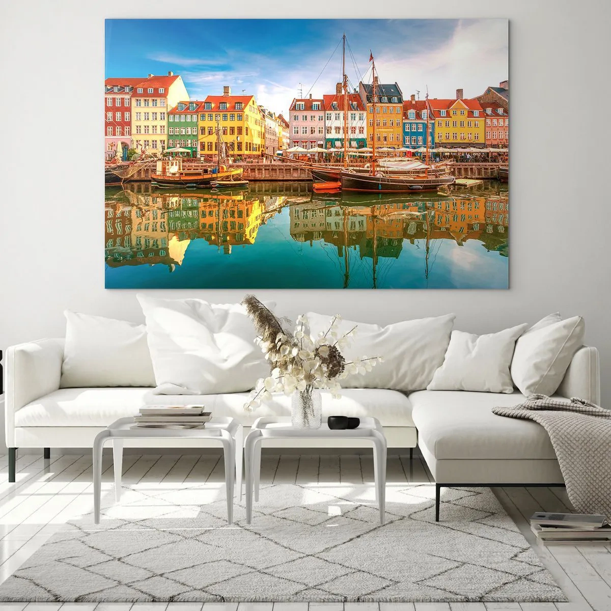 Glasbild - Bild auf glas - Bunte Häuser am Kanal mit Spiegelungen im Wasser - 70x50cm - Glatt wie ein Spiegel über dem Wasser - Moderne Wanddekoration für Wohnzimmer und Schlafzimmer ARTTOR