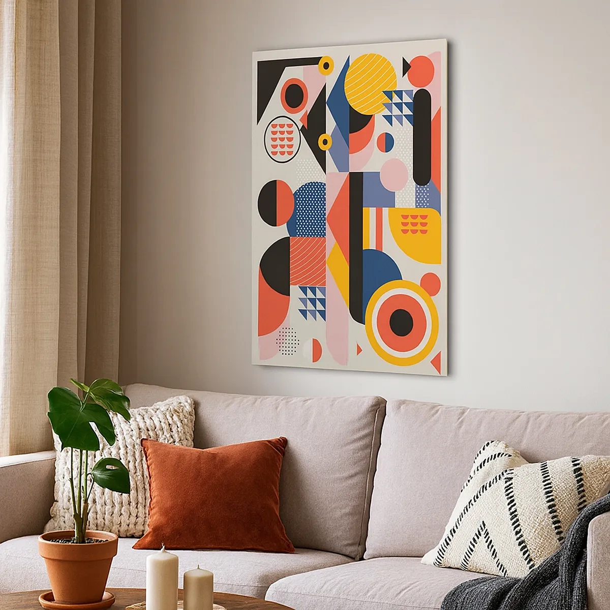Bild auf Leinwand - Leinwandbild - Bunte geometrische Formen im Retro-Stil - 50x70cm - Komposition: Na, los, spiel! - Moderne Wanddekoration für Wohnzimmer und Schlafzimmer ARTTOR