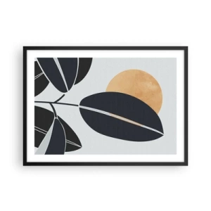 Poster in einem schwarzem Rahmen - Ein minimalistisches Blattmotiv mit einer strahlenden Sonne im Hintergrund. - 70x50cm - Heißer Sommertag - Moderne Wanddekoration für Wohnzimmer und Schlafzimmer ARTTOR