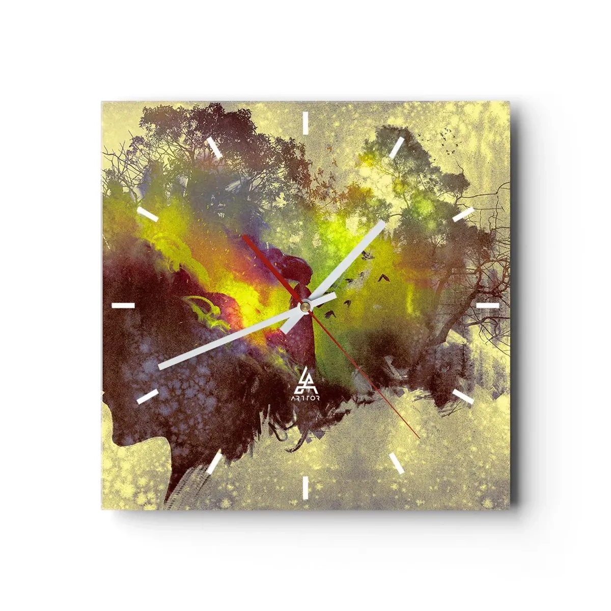 Wanduhr - Glasuhr - Künstlerische Silhouette einer Frau mit der Natur im Hintergrund - 30x30cm - Mutter Natur - Moderne Wanddekoration für Wohnzimmer und Schlafzimmer ARTTOR