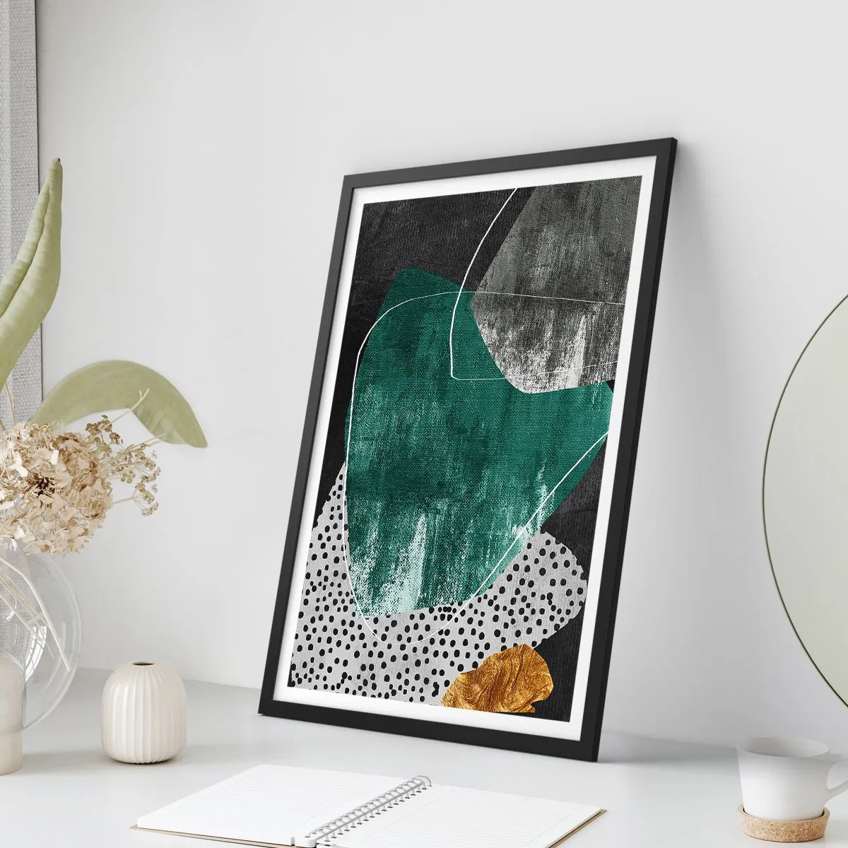 Poster in einem schwarzem Rahmen - Abstrakte Komposition in Grün und Gold - 50x70cm - Bunte Abstraktion mit Blattgold - Moderne Wanddekoration für Wohnzimmer und Schlafzimmer ARTTOR