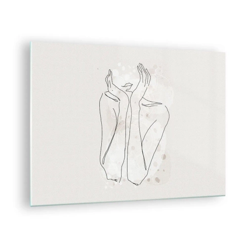 Glasbild - Bild auf glas - Eine minimalistische Skizze der Hände und Lippen einer Frau vor einem beigen Hintergrund. - 70x50cm - Ein träumerischer Moment - Moderne Wanddekoration für Wohnzimmer und Schlafzimmer ARTTOR