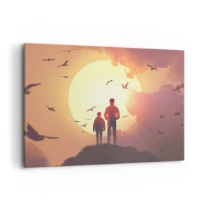 Bild auf Leinwand - Leinwandbild - Figuren vor dem Hintergrund der untergehenden Sonne - 100x70cm - Von Angesicht zu Angesicht mit der Sonne - Moderne Wanddekoration für Wohnzimmer und Schlafzimmer ARTTOR