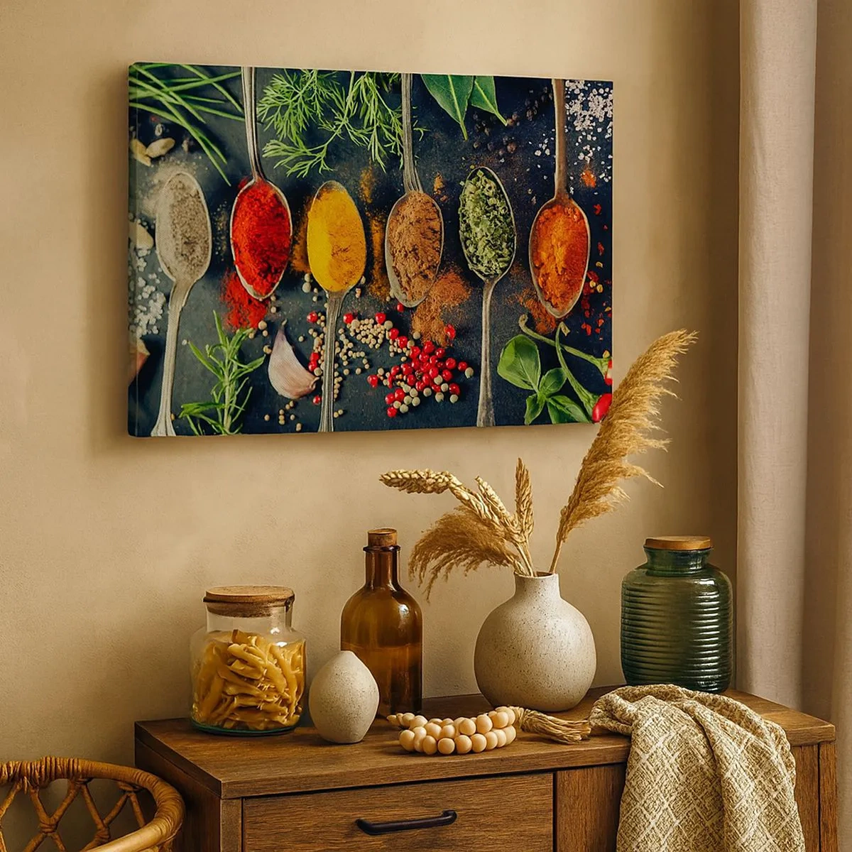 Bild auf Leinwand - Leinwandbild - Bunte Gewürze auf Löffeln mit Kräutern im Hintergrund - 70x50cm - Kulinarische Magie - Moderne Wanddekoration für Wohnzimmer und Schlafzimmer ARTTOR