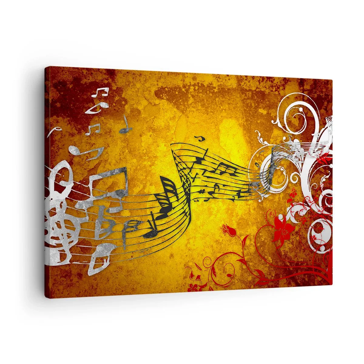 Bild auf Leinwand - Leinwandbild - Abstrakte Musiknoten auf einem bunten Hintergrund mit Ornamenten - 70x50cm - Lass die Musik fließen - Moderne Wanddekoration für Wohnzimmer und Schlafzimmer ARTTOR