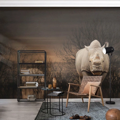 Selbstklebende Fototapete Deluxe Sticker - Weiß gegen die Natur - Nashorn, Tiere, Afrika - 500x350 cm