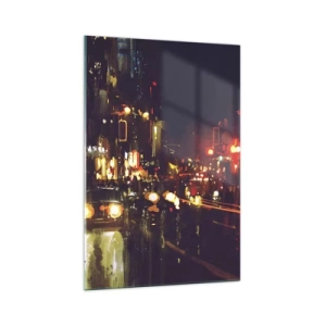 Glasbild - Bild auf glas - Nachtszene in der Stadt mit bunten Lichtern und Straßenreflexionen - 70x100cm - Eingetaucht in die Lichter der Nacht - Moderne Wanddekoration für Wohnzimmer und Schlafzimmer ARTTOR