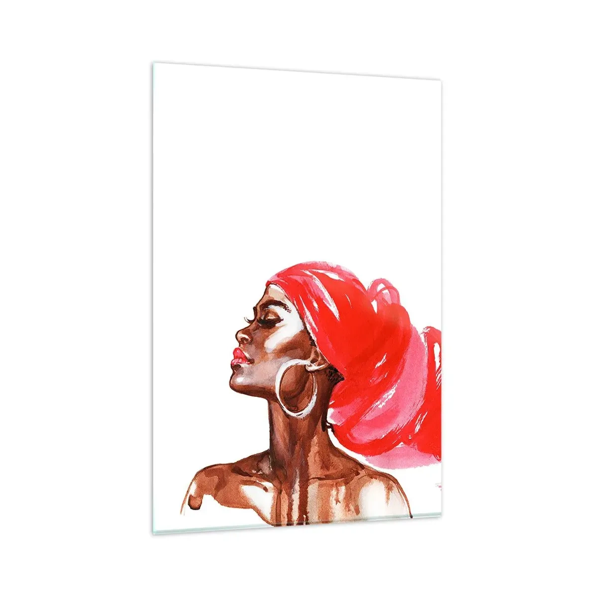 Glasbild - Bild auf glas - Profil einer Frau mit rotem Turban und Ohrringen - 80x120cm - Es weht ein Wind, der die Nase eines Mannes öffnet - Moderne Wanddekoration für Wohnzimmer und Schlafzimmer ARTTOR