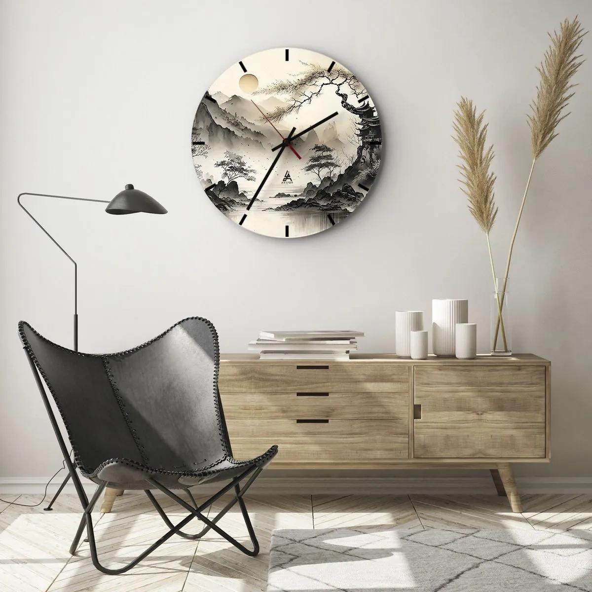 Wanduhr - Glasuhr - Chinesische Tuschemalerei einer Berglandschaft mit einer Pagode und einem nebligen Tal - 30x30cm - Einzigartiger Charme des Orients - Moderne Wanddekoration für Wohnzimmer, Küche und Schlafzimmer ARTTOR