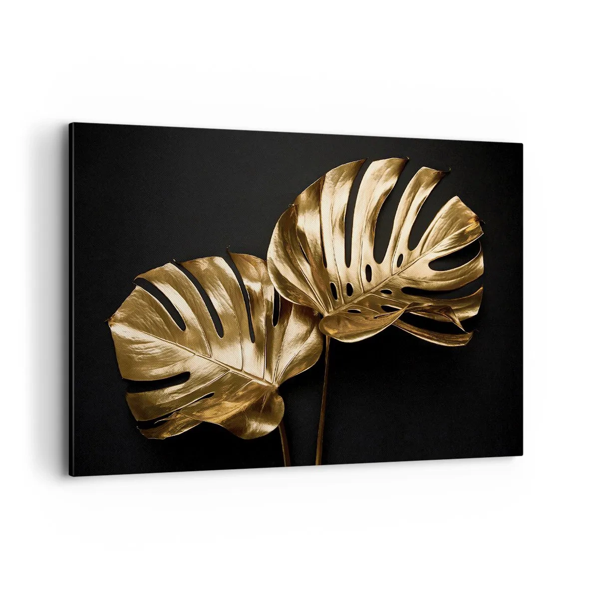 Bild auf Leinwand - Leinwandbild - Goldene Monstera-Blätter auf schwarzem Hintergrund - 120x80cm - Die Schätze der Natur - Moderne Wanddekoration für Wohnzimmer und Schlafzimmer ARTTOR
