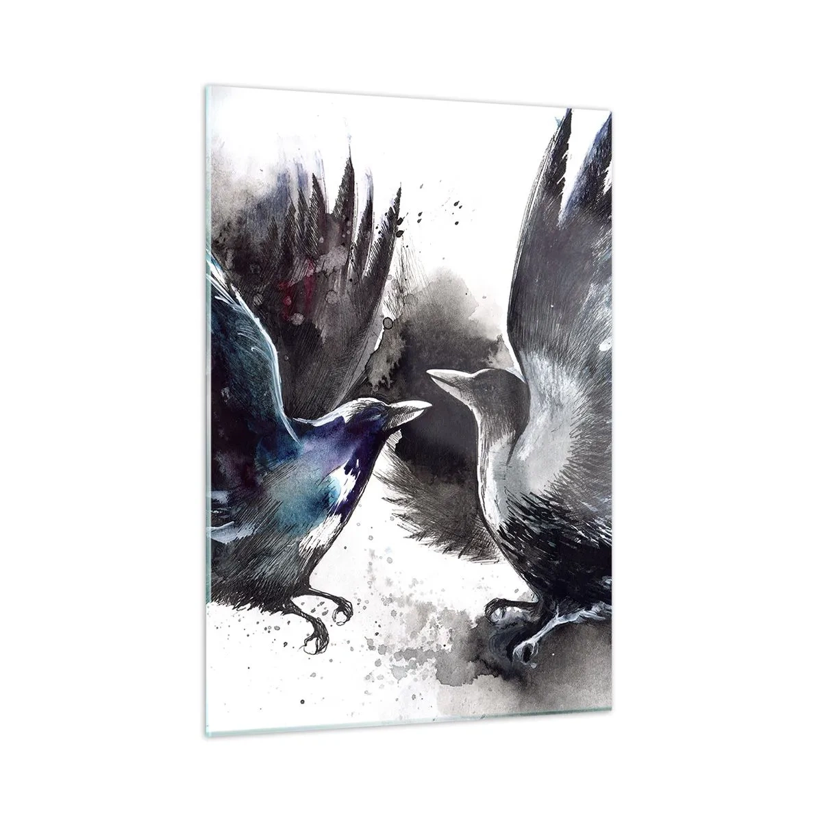 Glasbild - Bild auf glas - Zwei Raben in dynamischer Pose mit ausgebreiteten Flügeln - 50x70cm - Rabe zum Raben ... - Moderne Wanddekoration für Wohnzimmer und Schlafzimmer ARTTOR