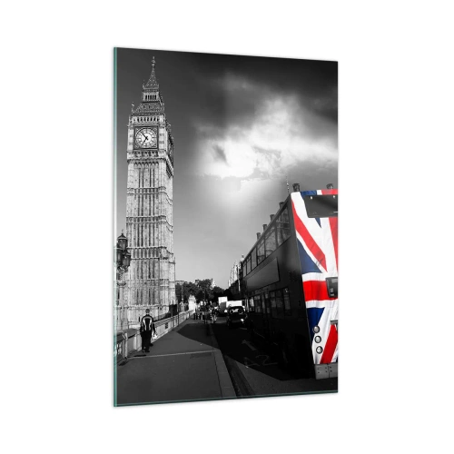 Glasbild - Bild auf glas - Big Ben und ein Bus mit britischer Flagge - 50x70cm - Stolz und toll - Moderne Wanddekoration für Wohnzimmer und Schlafzimmer ARTTOR