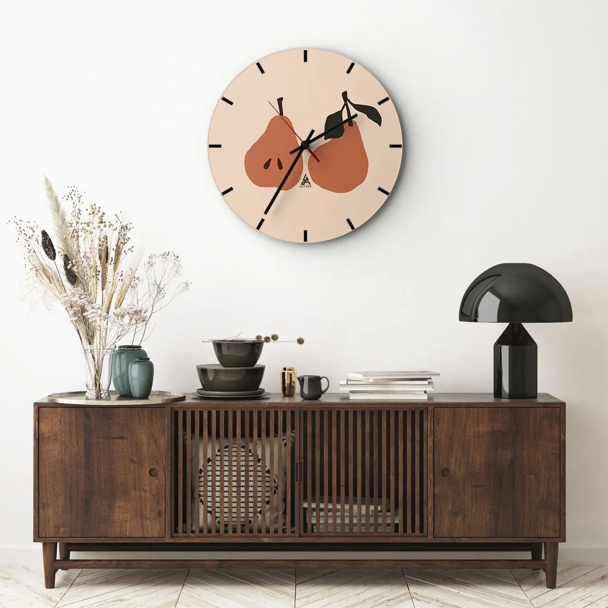 Wanduhr - Glasuhr - Zwei Birnen in warmen Farben auf beigem Hintergrund - 30x30cm - Pure Süße - Moderne Wanddekoration für Wohnzimmer, Küche und Schlafzimmer ARTTOR