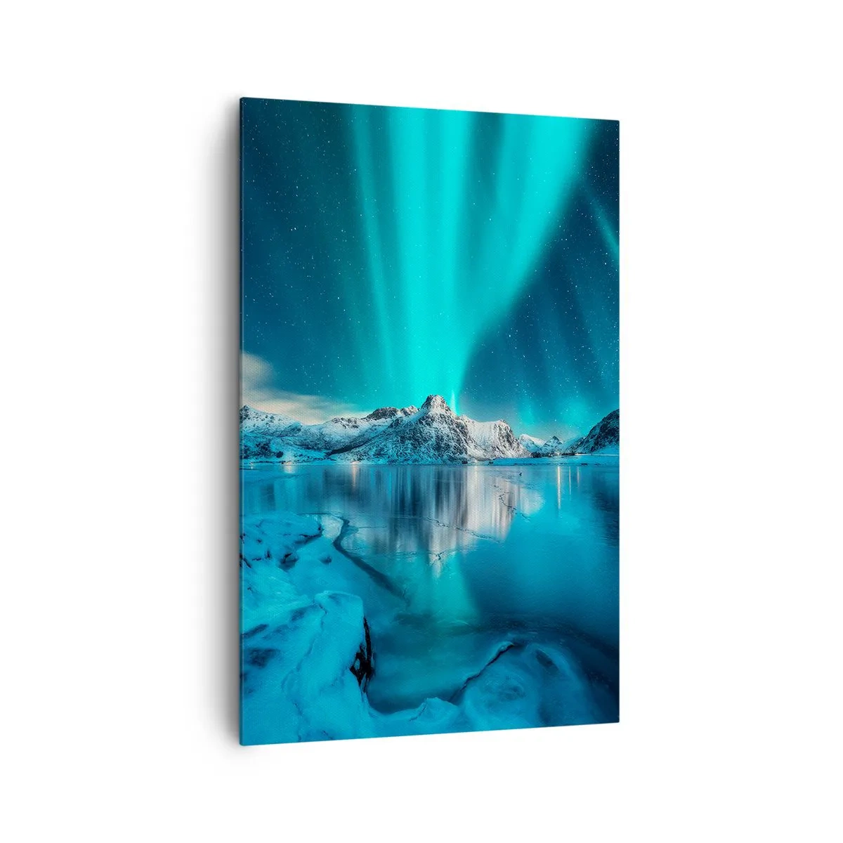Bild auf Leinwand - Leinwandbild - Aurora Borealis über schneebedeckten Bergen und einem See - 80x120cm - Lichtnacht - Moderne Wanddekoration für Wohnzimmer und Schlafzimmer ARTTOR