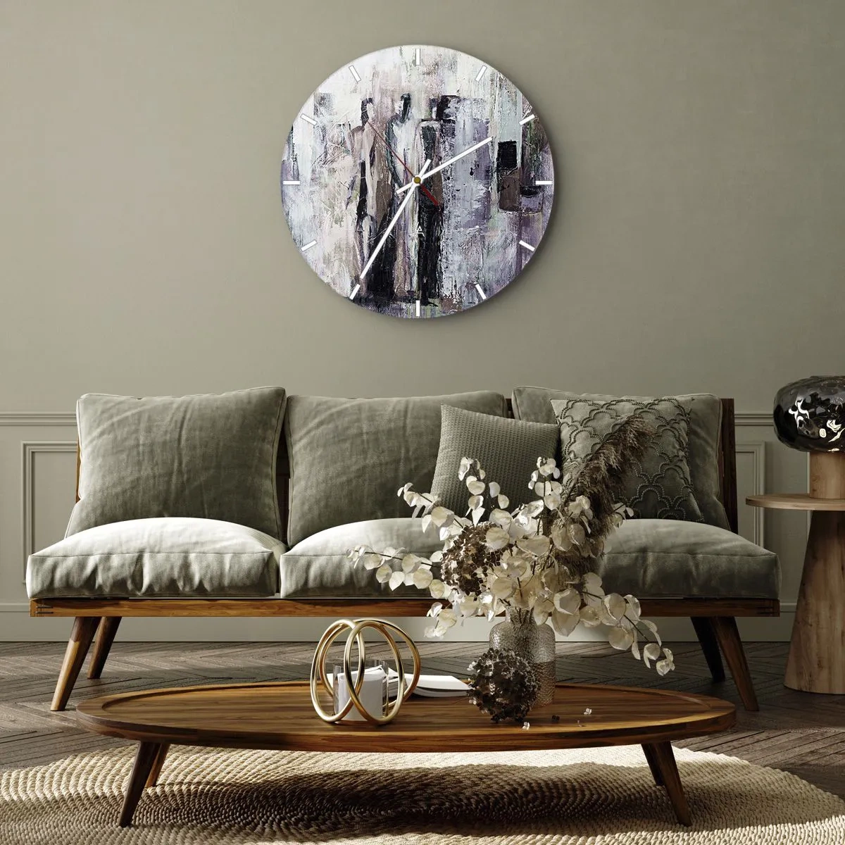 Wanduhr - Glasuhr - Abstrakte Figuren in einer gedämpften Farbpalette - 30x30cm - Die geheimnisvolle Drei - Moderne Wanddekoration für Wohnzimmer, Küche und Schlafzimmer ARTTOR