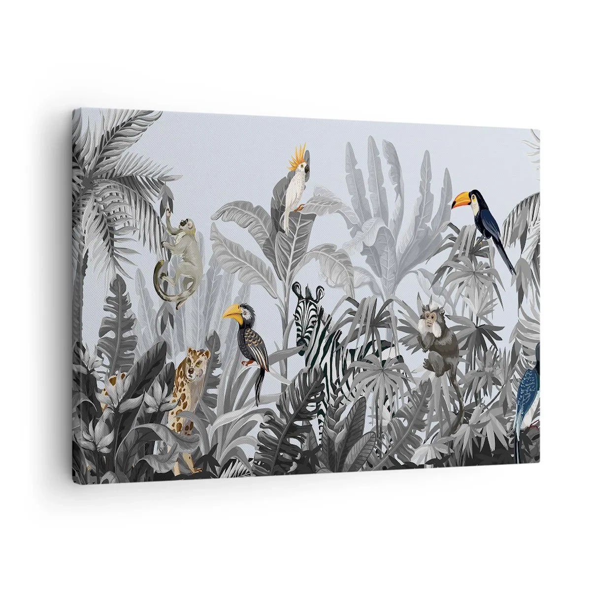 Bild auf Leinwand - Leinwandbild - Tropischer Dschungel mit exotischen Tieren auf grauem Hintergrund - 70x50cm - Afrikanisches Märchen - Moderne Wanddekoration für Wohnzimmer und Schlafzimmer ARTTOR