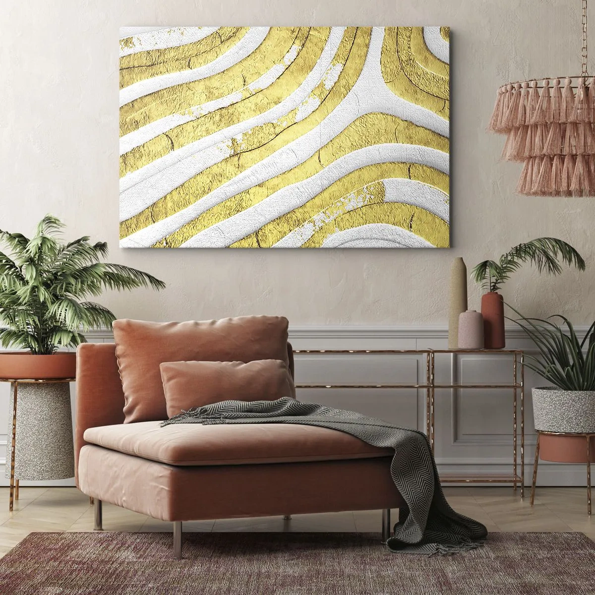 Bild auf Leinwand - Leinwandbild - Gold- und Weiß-abstrakte Linien in einer 3D-Textur - 100x70cm - Komposition in Weiß und Gold - Moderne Wanddekoration für Wohnzimmer und Schlafzimmer ARTTOR