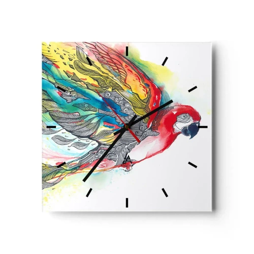 Wanduhr - Glasuhr - Ein bunter Papagei im Flug mit abstrakten Mustern auf seinen Flügeln. - 30x30cm - Leben Sie bunt - Moderne Wanddekoration für Wohnzimmer und Schlafzimmer ARTTOR
