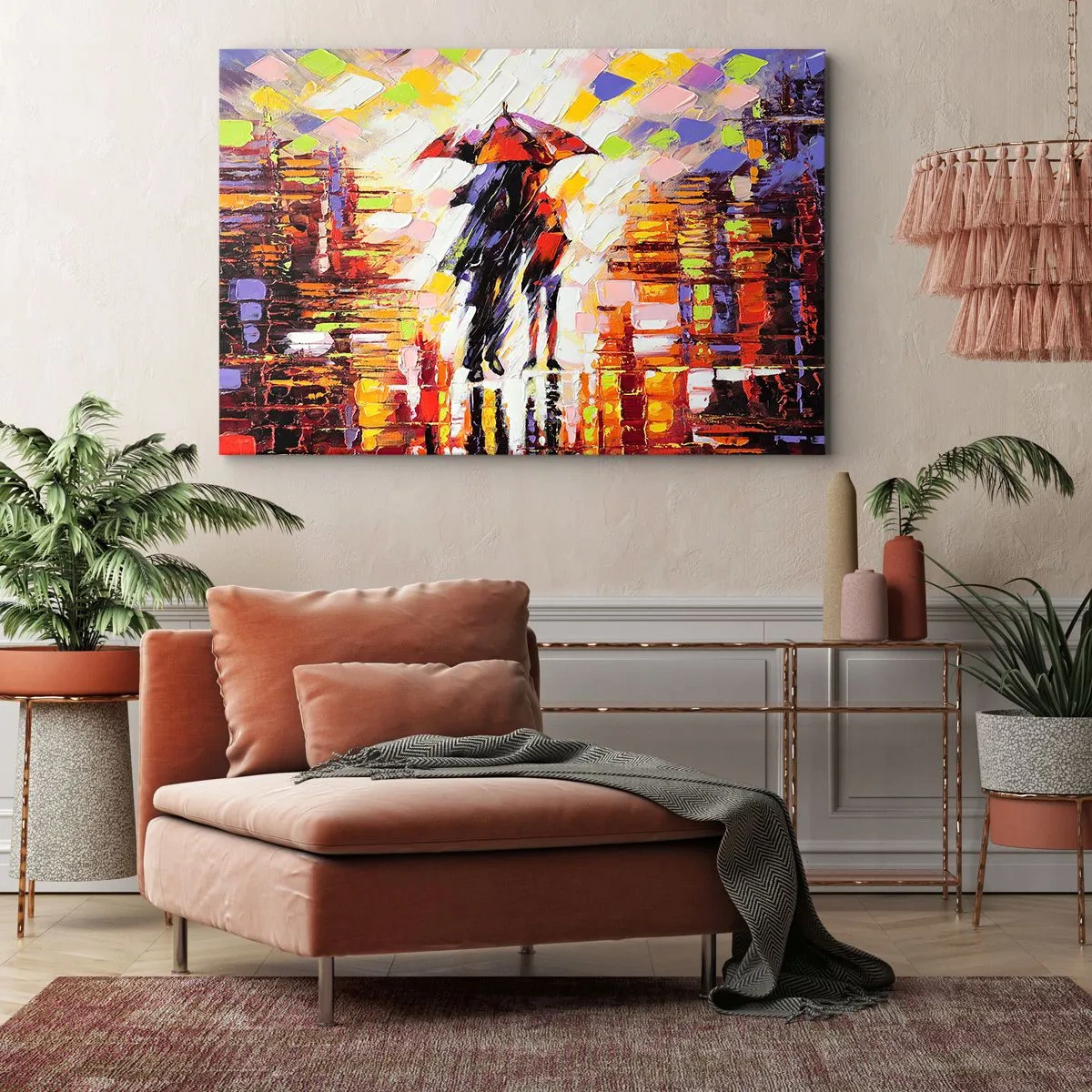 Bild auf Leinwand - Leinwandbild - Eine abstrakte Szene eines Spaziergangs unter einem Regenschirm in einer regnerischen Nacht. - 70x50cm - Gemeinsam durch die Nacht und den Regen - Moderne Wanddekoration für Wohnzimmer und Schlafzimmer ARTTOR