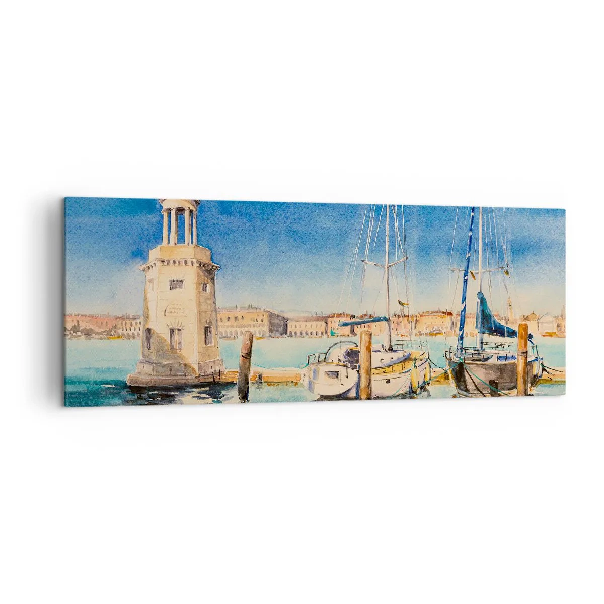 Bild auf Leinwand - Leinwandbild - Yachthafen mit Booten vor der Kulisse einer blauen Lagune - 140x50cm - Sonnige Lagune - Moderne Wanddekoration für Wohnzimmer und Schlafzimmer ARTTOR