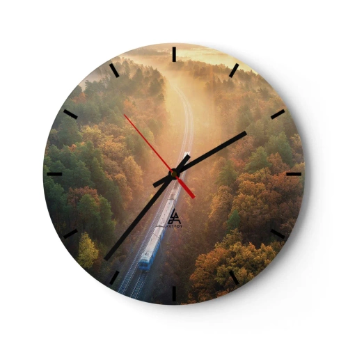 Wanduhr - Glasuhr - Ein Zug fährt im Morgennebel durch einen herbstlichen Wald - 30x30cm - Herbstreise - Moderne Wanddekoration für Wohnzimmer, Küche und Schlafzimmer ARTTOR