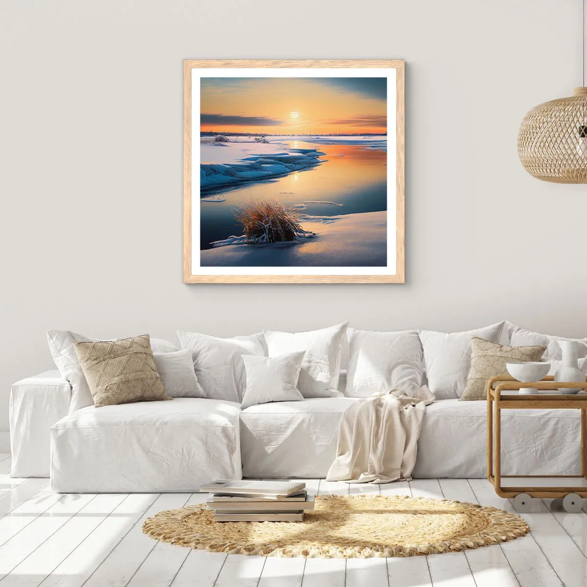 Poster in einem Rahmen aus heller Eiche - Wintersonnenuntergang - 60x60 cm