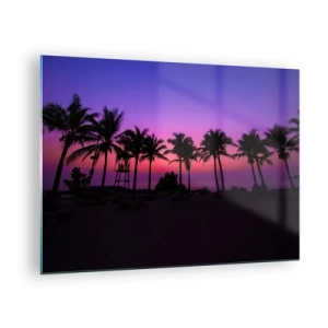 Glasbild - Bild auf glas - Palmen vor dem Hintergrund eines lila-rosa Sonnenuntergangs - 70x50cm - Abend unter Palmen - Moderne Wanddekoration für Wohnzimmer und Schlafzimmer ARTTOR