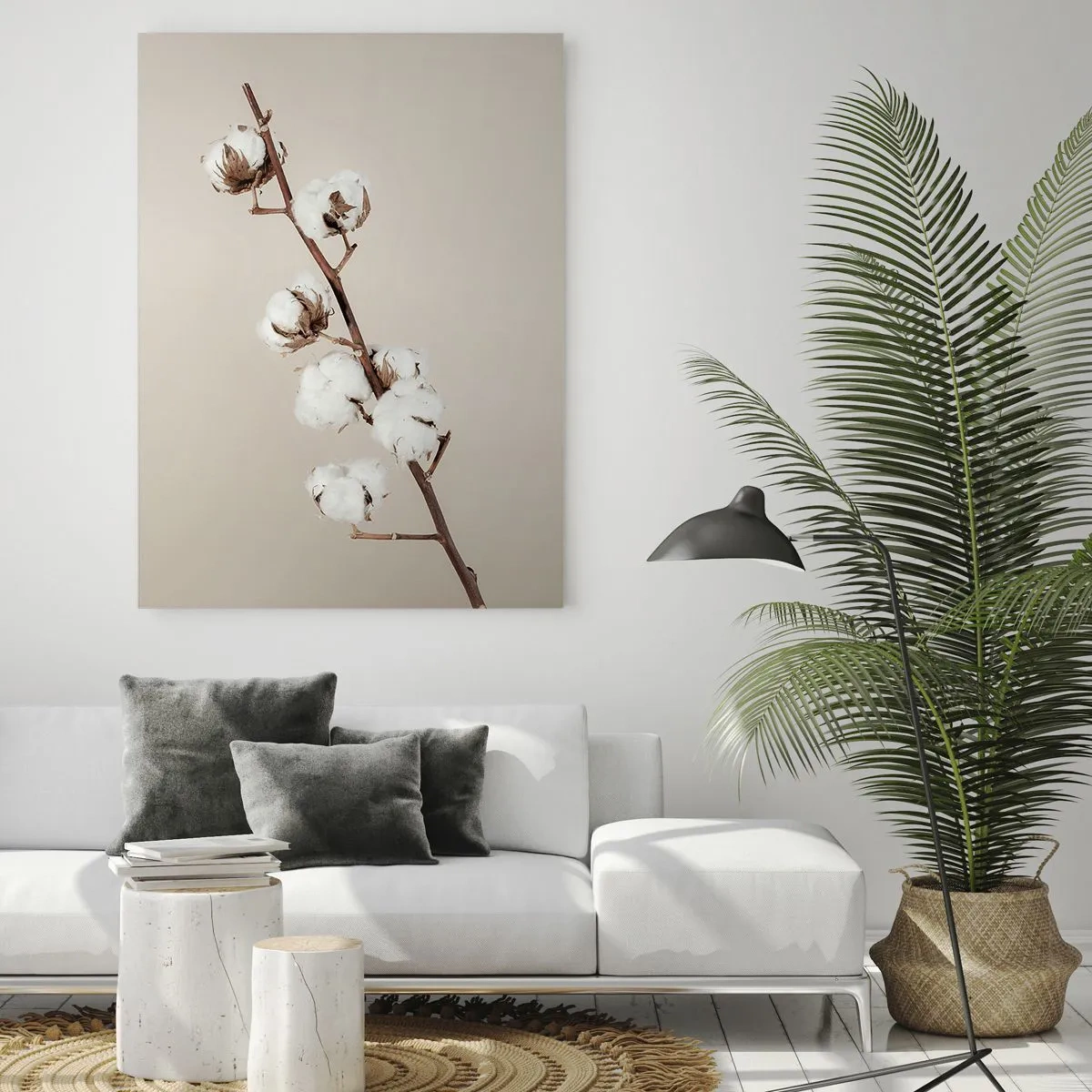 Glasbild - Bild auf glas - Ein Zweig Baumwolle auf beigem Hintergrund - 70x100cm - An der Quelle der Weichheit - Moderne Wanddekoration für Wohnzimmer und Schlafzimmer ARTTOR