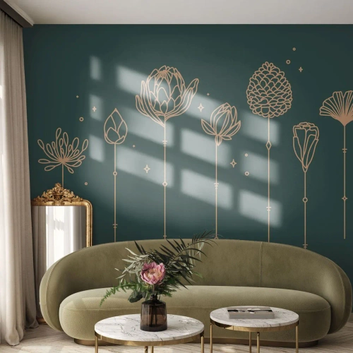 Fototapete Premium Sand - Goldene Kräuter auf dunkelgrünem Hintergrund im linearen Stil. - 100x70cm - Familie ZIÓŁkowski - Moderne Wanddekoration für Wohnzimmer und Schlafzimmer ARTTOR