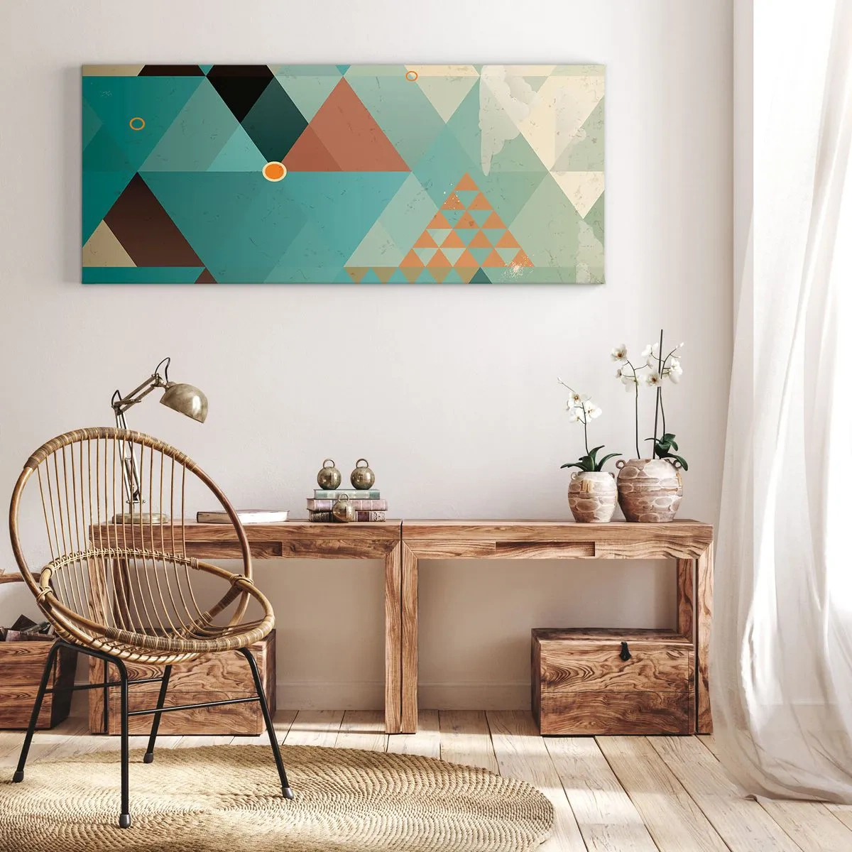 Bild auf Leinwand - Leinwandbild - Geometrische Muster in Türkis- und Brauntönen - 160x50cm - Einheit der Vielheit, Vielheit der Einheit - Moderne Wanddekoration für Wohnzimmer und Schlafzimmer ARTTOR