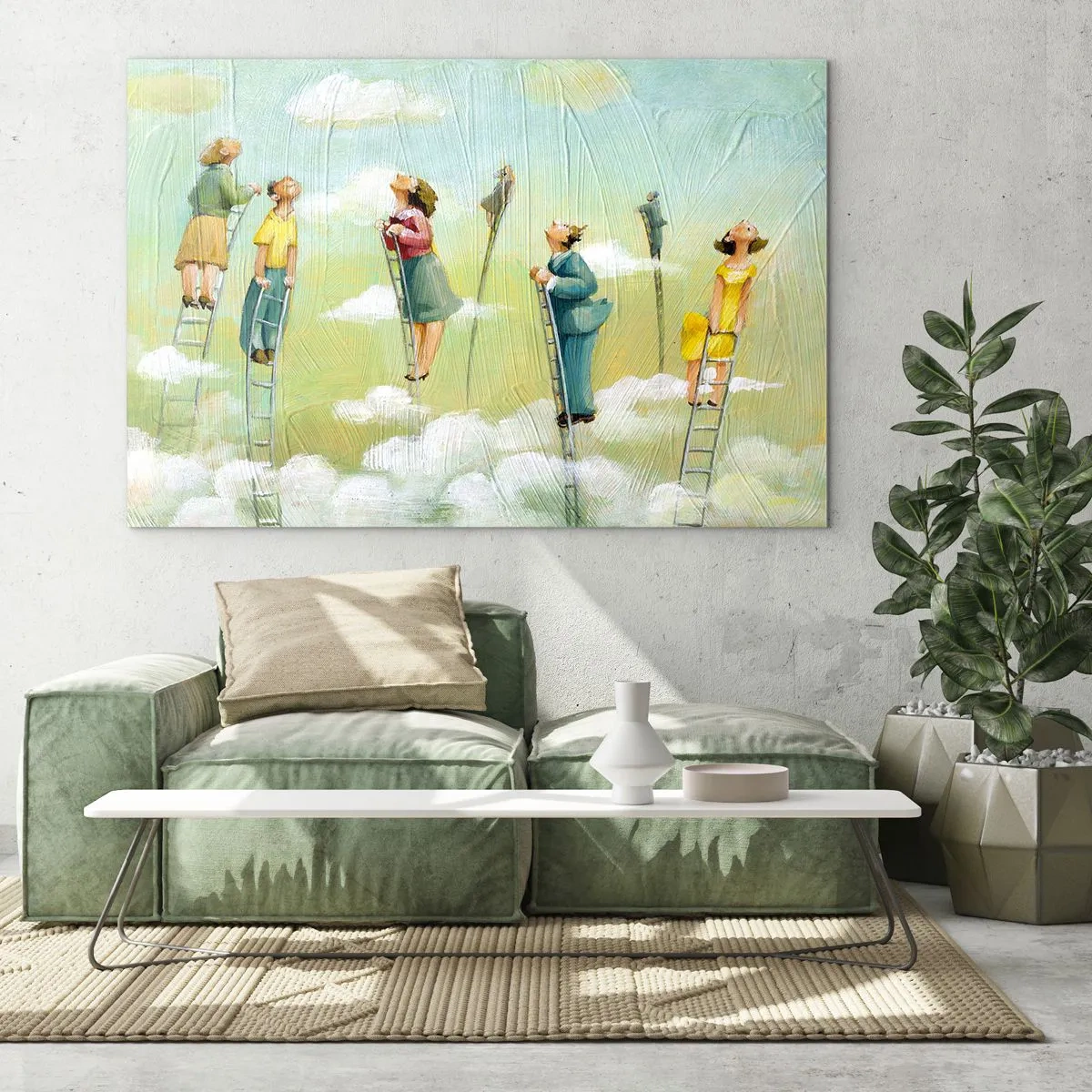 Glasbild - Bild auf glas - Figuren, die Leitern zwischen den Wolken hinaufklettern - 120x80cm - Hinter deinem Traum - Moderne Wanddekoration für Wohnzimmer und Schlafzimmer ARTTOR