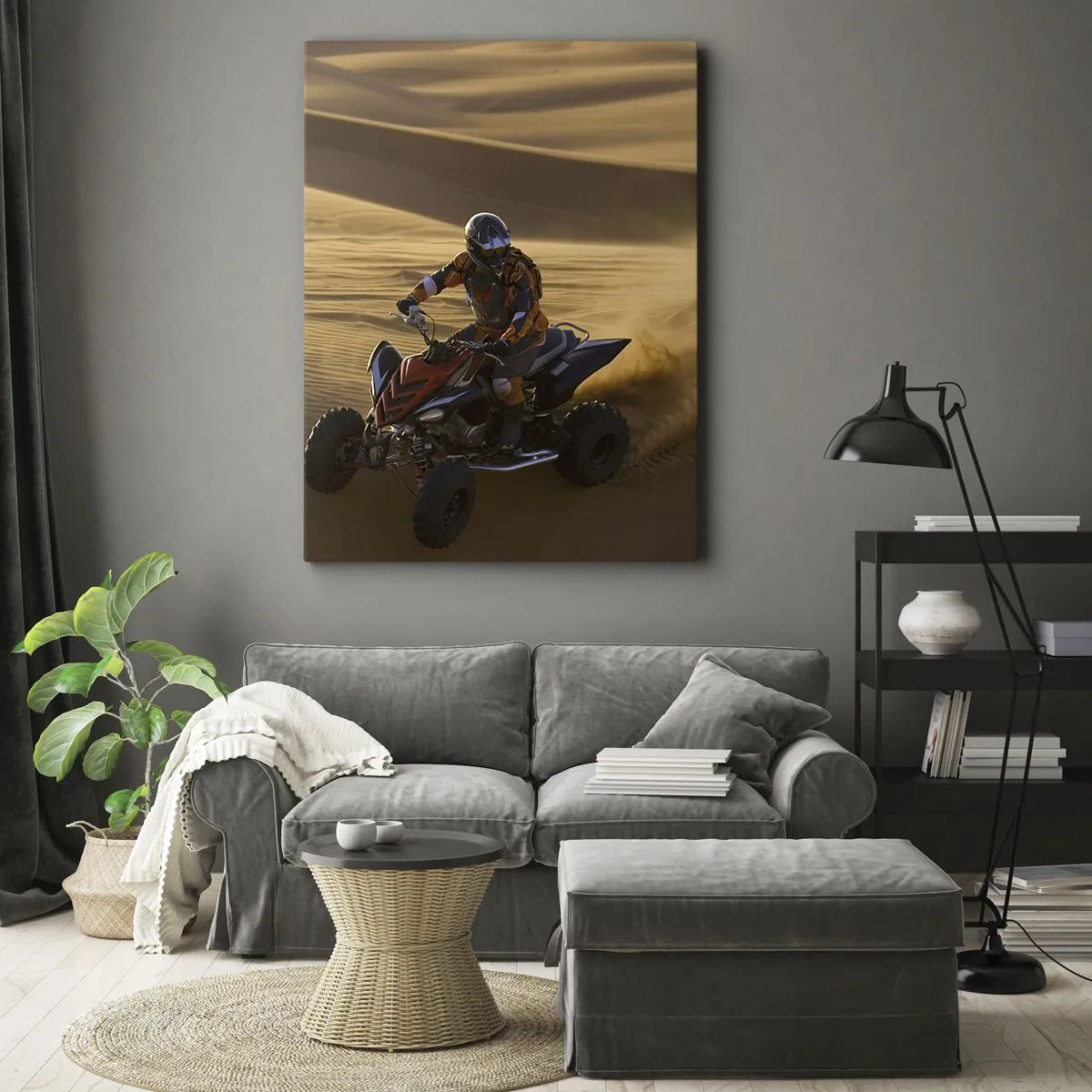 Bild auf Leinwand - Leinwandbild - Ein Motorradfahrer auf einem Quad rast über die Sanddünen der Wüste - 70x100cm - Auf den Sandwellen - Moderne Wanddekoration für Wohnzimmer und Schlafzimmer ARTTOR