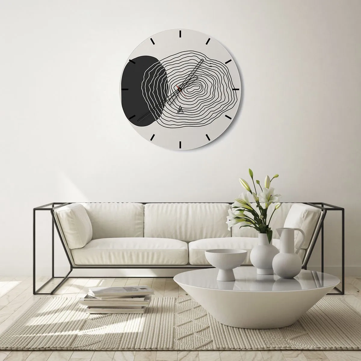 Wanduhr - Glasuhr - Abstrakte Linien bilden konzentrische Muster auf hellem Hintergrund. - 30x30cm - Dauer und Schwingung - Moderne Wanddekoration für Wohnzimmer, Küche und Schlafzimmer ARTTOR