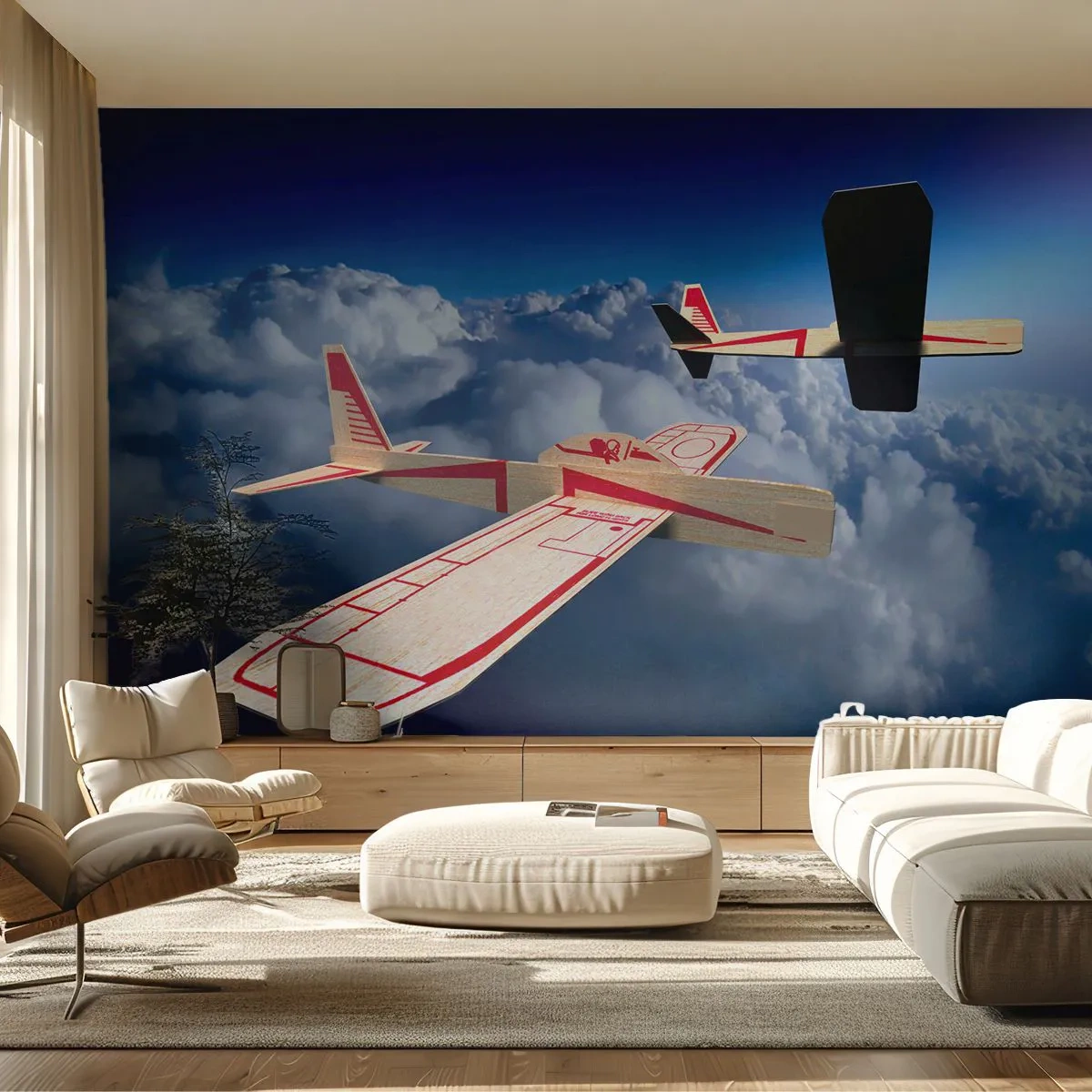 Fototapete Premium Canvas - Zwei Holzflugzeuge schweben über den Wolken vor einem blauen Himmel. - 100x70cm - Noch höher, noch weiter - Moderne Wanddekoration für Wohnzimmer und Schlafzimmer ARTTOR