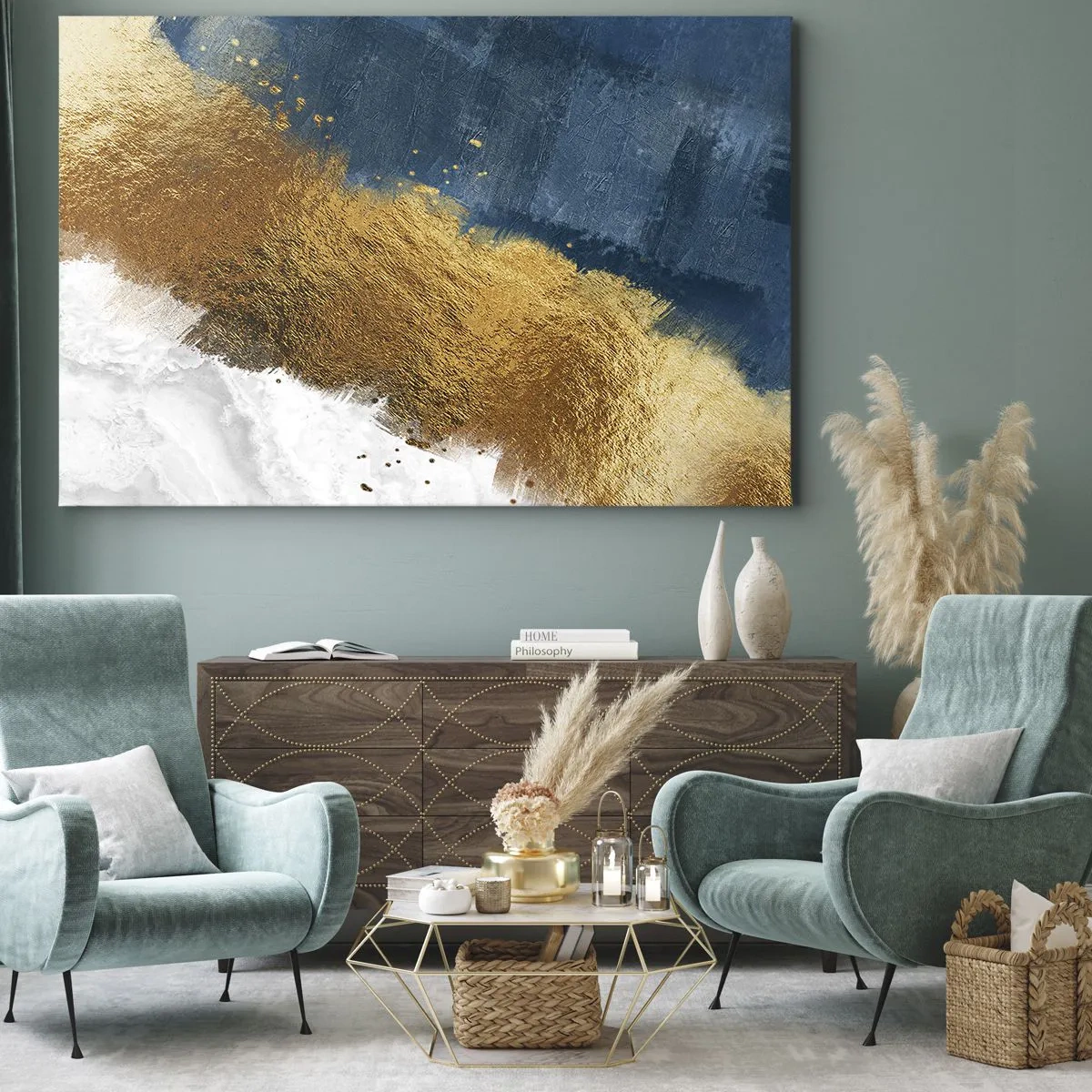 Bild auf Leinwand - Leinwandbild - Eine abstrakte Komposition in Gold-, Blau- und Weißtönen. - 70x50cm - Farben des Sommers - Moderne Wanddekoration für Wohnzimmer und Schlafzimmer ARTTOR